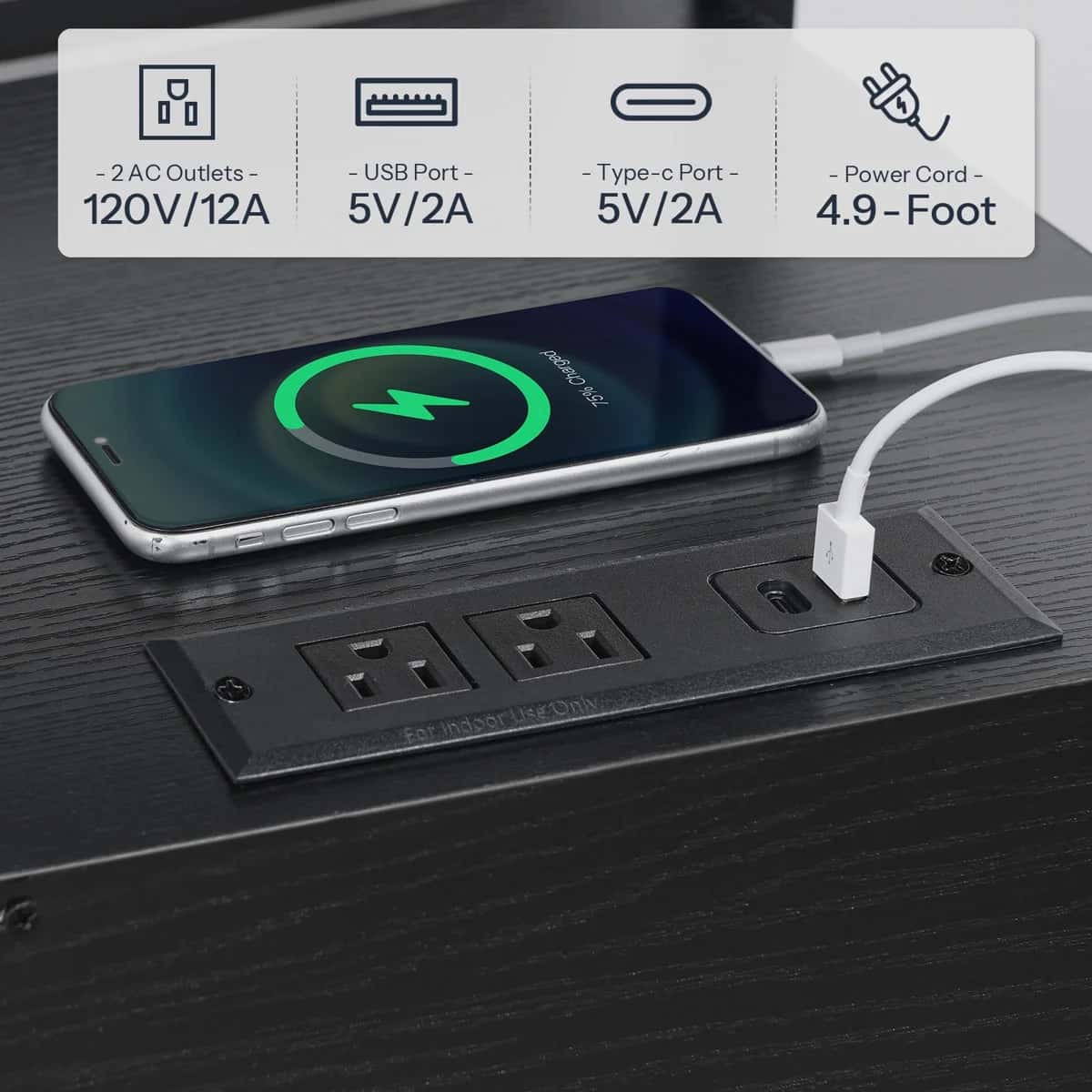 Smartphone charging on a power strip with specifications displayed above.