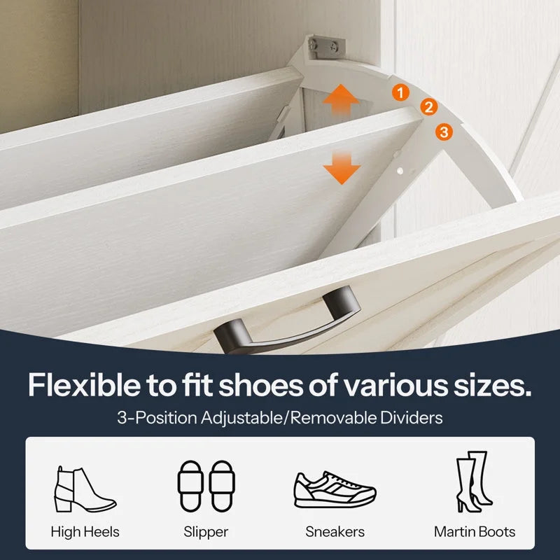 Shoe rack with adjustable dividers and text indicating flexibility for various shoe sizes.