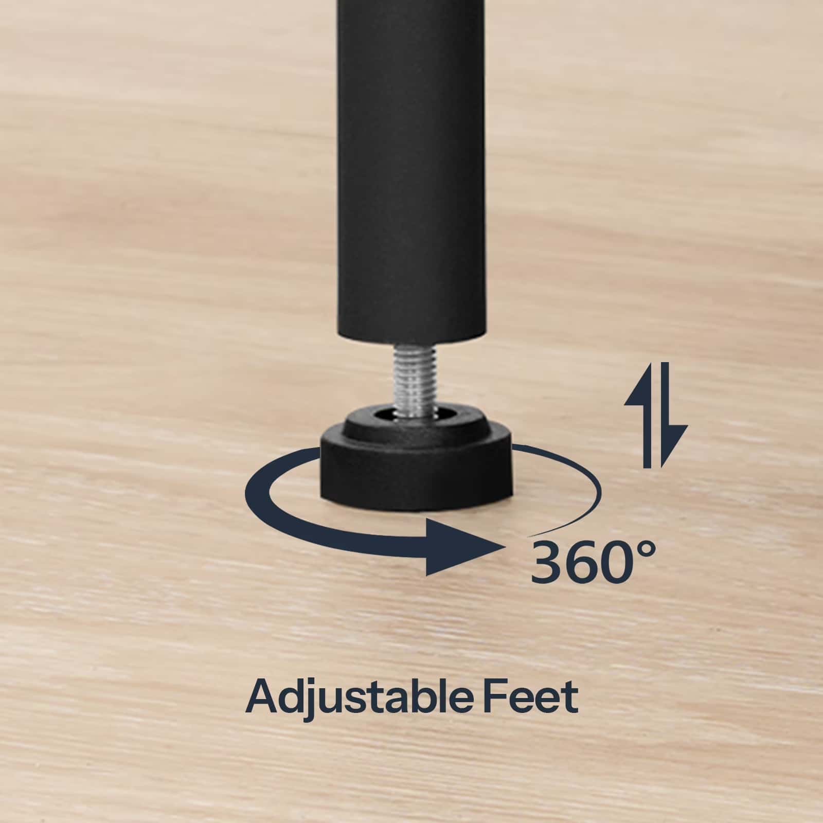 Adjustable foot on a piece of furniture with a 360-degree rotation feature on a wooden surface.
