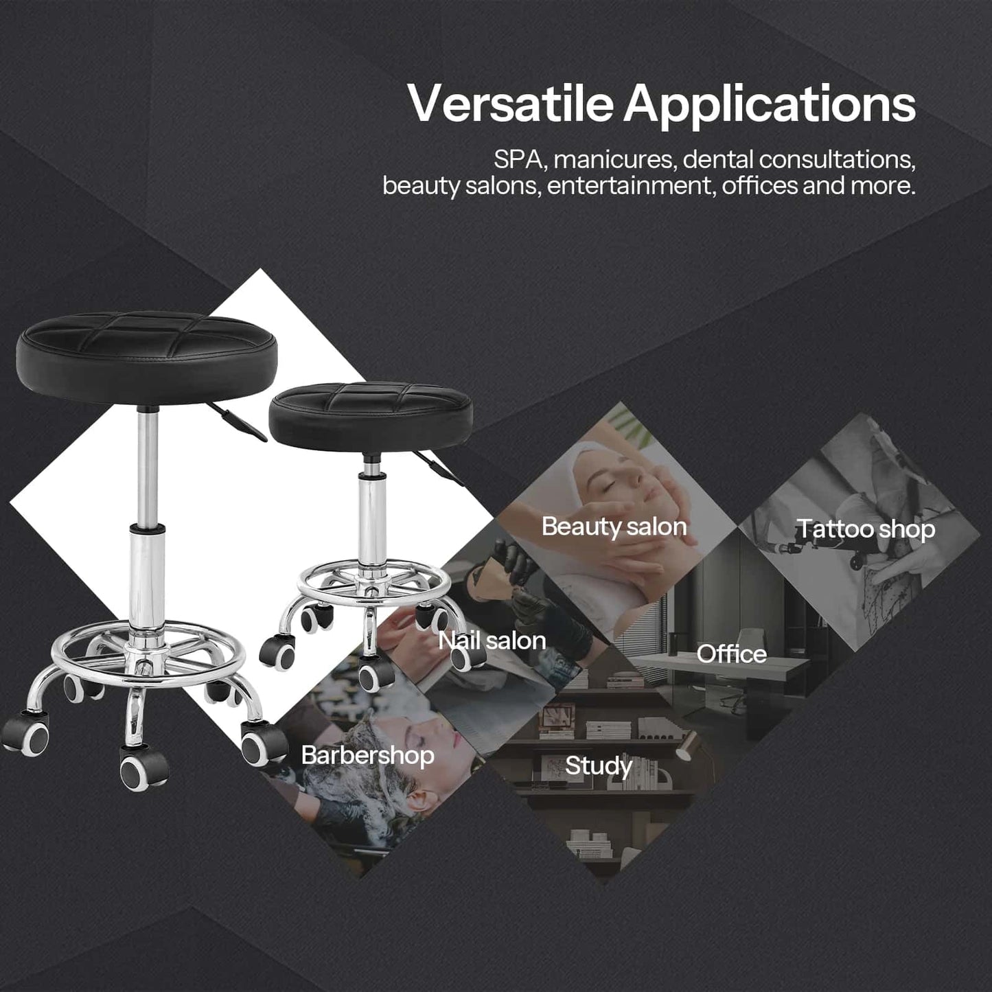Black stool with wheels on a dark background with text about versatile applications.