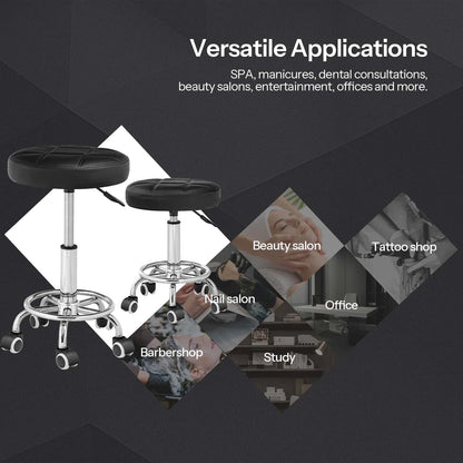 Black stool with wheels on a dark background with text about versatile applications.