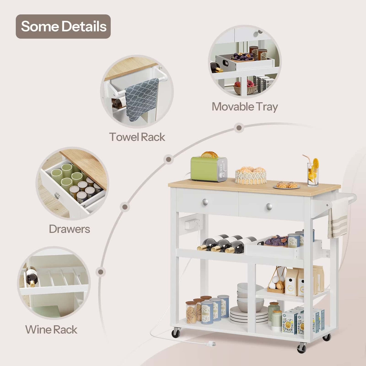 White kitchen cart with multiple storage options including a movable tray, towel rack, drawers, and wine rack.