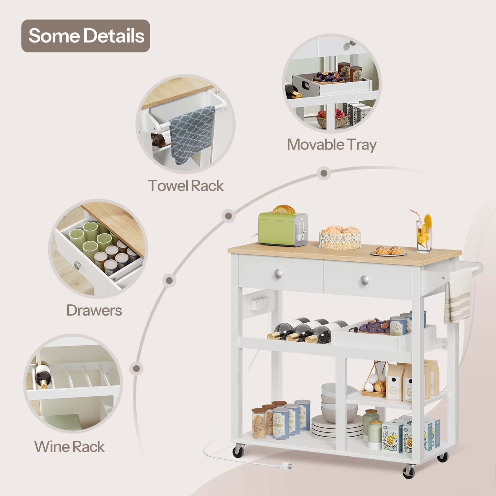 White kitchen cart with multiple storage options including a movable tray, towel rack, drawers, and wine rack.