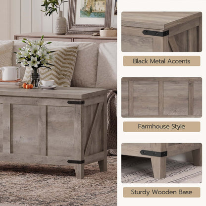 Collage of a wooden coffee table with black metal accents, surrounded by images highlighting features like 'Black Metal Accents', 'Farmhouse Style', and 'Sturdy Wooden Base'.