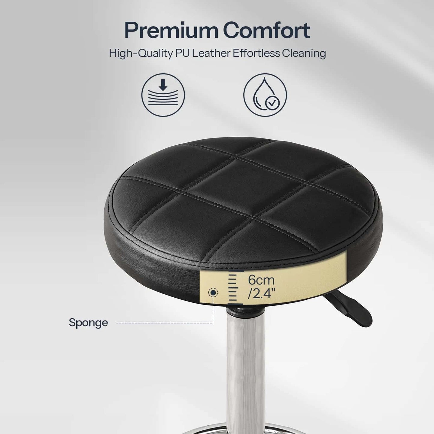 Black leather stool with measurement details on a white background