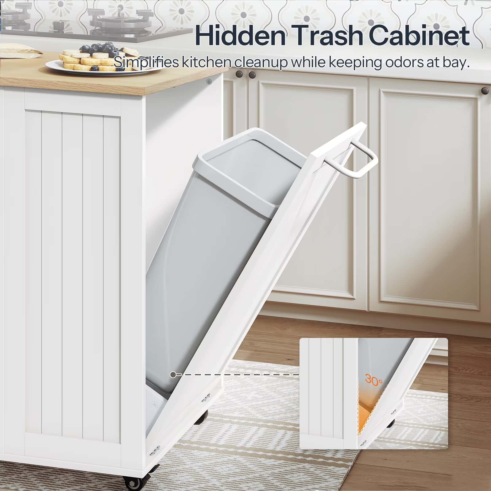 Hidden trash cabinet in a kitchen setting with text highlighting its benefits.