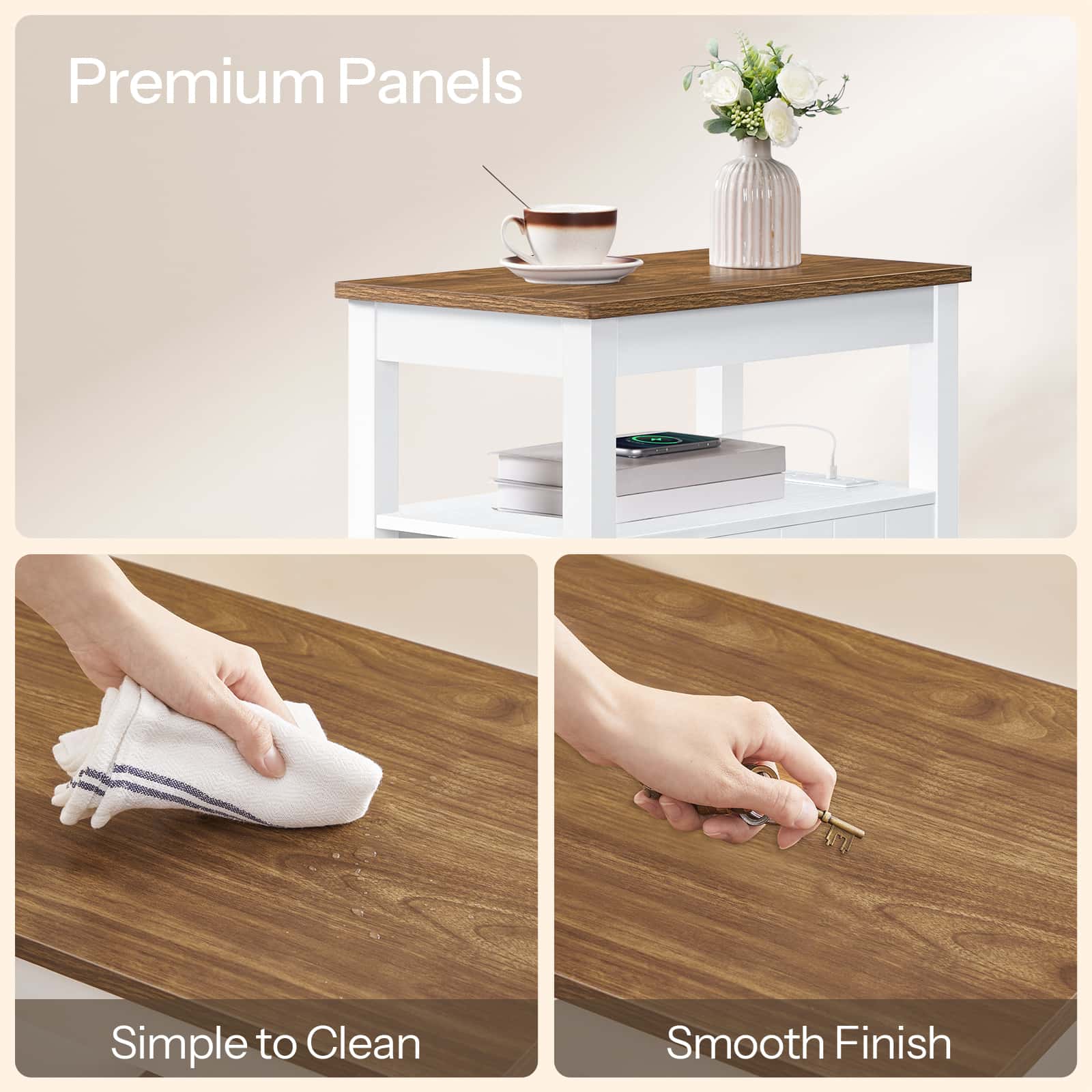 Collage of a wooden table with a white base, a hand cleaning the surface, and a hand using a key on the wood.