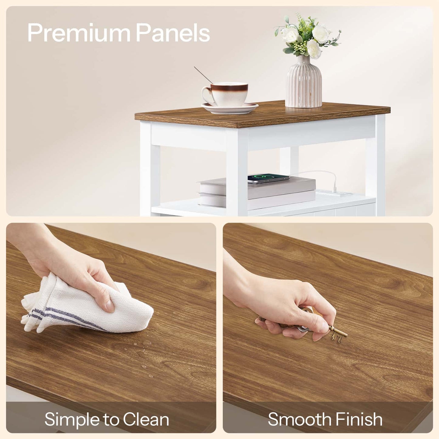 Collage of a wooden table with a white base, a hand cleaning the surface, and a hand using a key on the wood.
