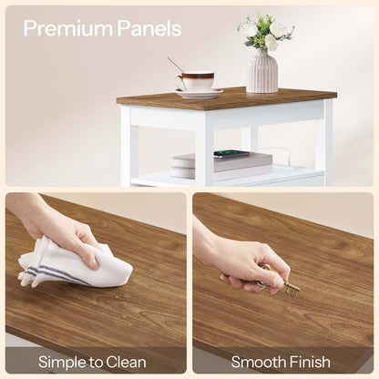 Collage of a wooden table with a white base, a hand cleaning the surface, and a hand using a key on the wood.