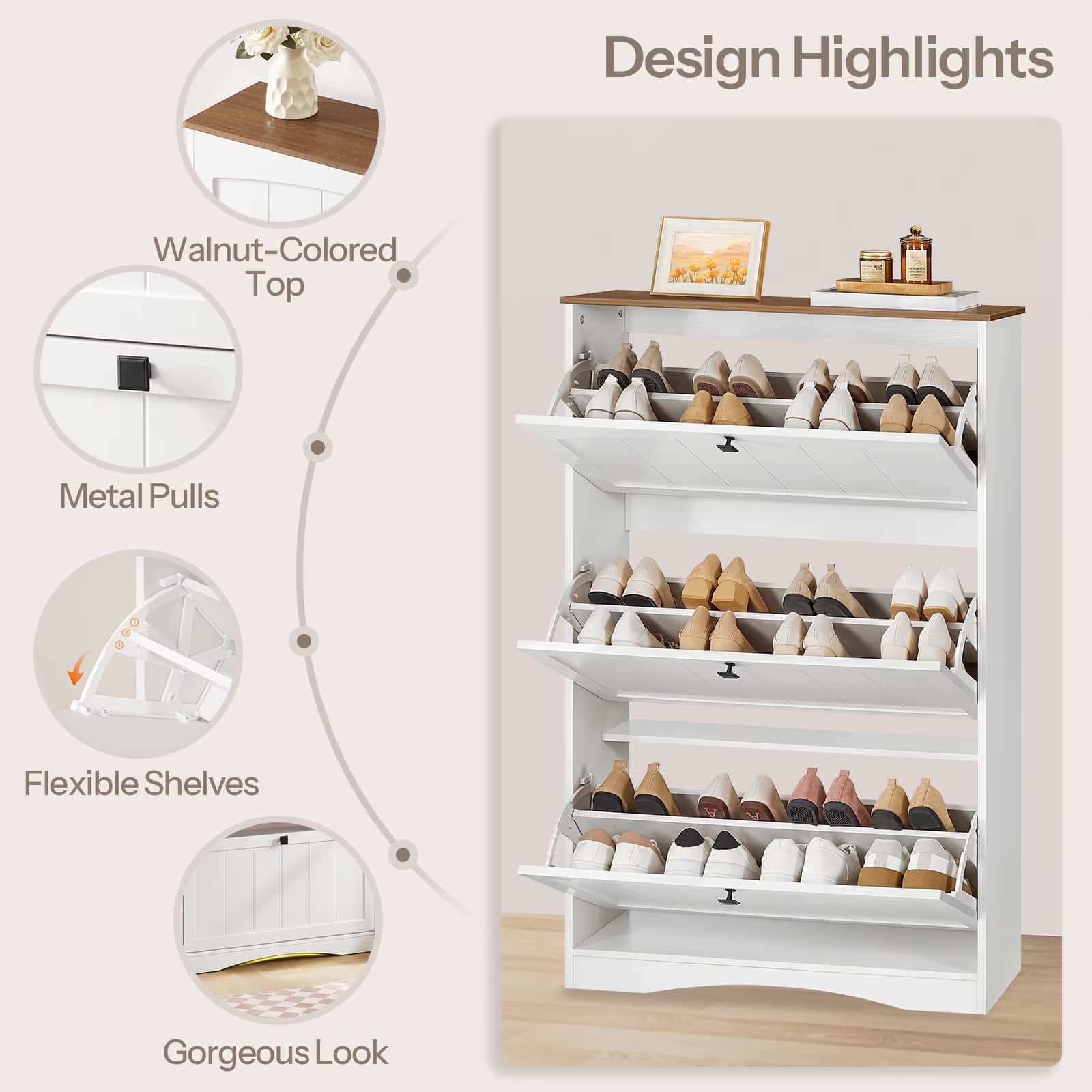 White shoe cabinet with flexible shelves, metal pulls, and a walnut-colored top, featuring design highlights on a light background.