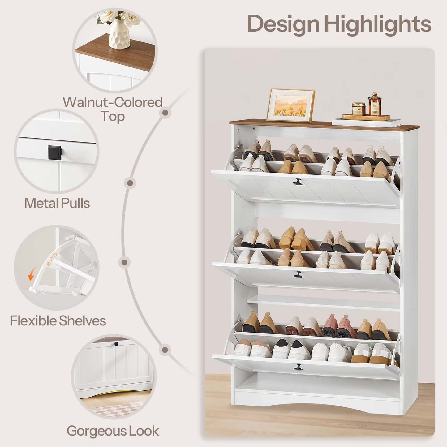 White shoe cabinet with flexible shelves, metal pulls, and a walnut-colored top, featuring design highlights on a light background.
