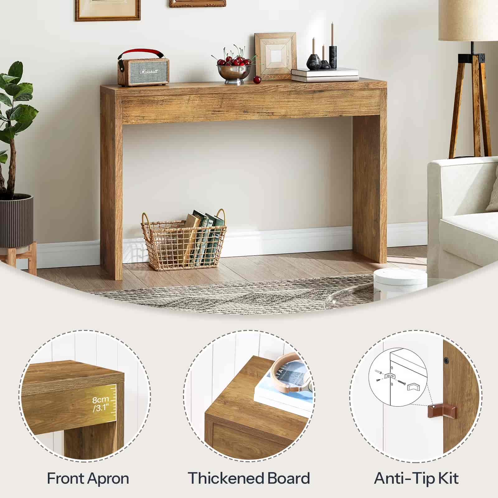 Wooden console table in a room with decorative items on top, featuring close-up details of the table.