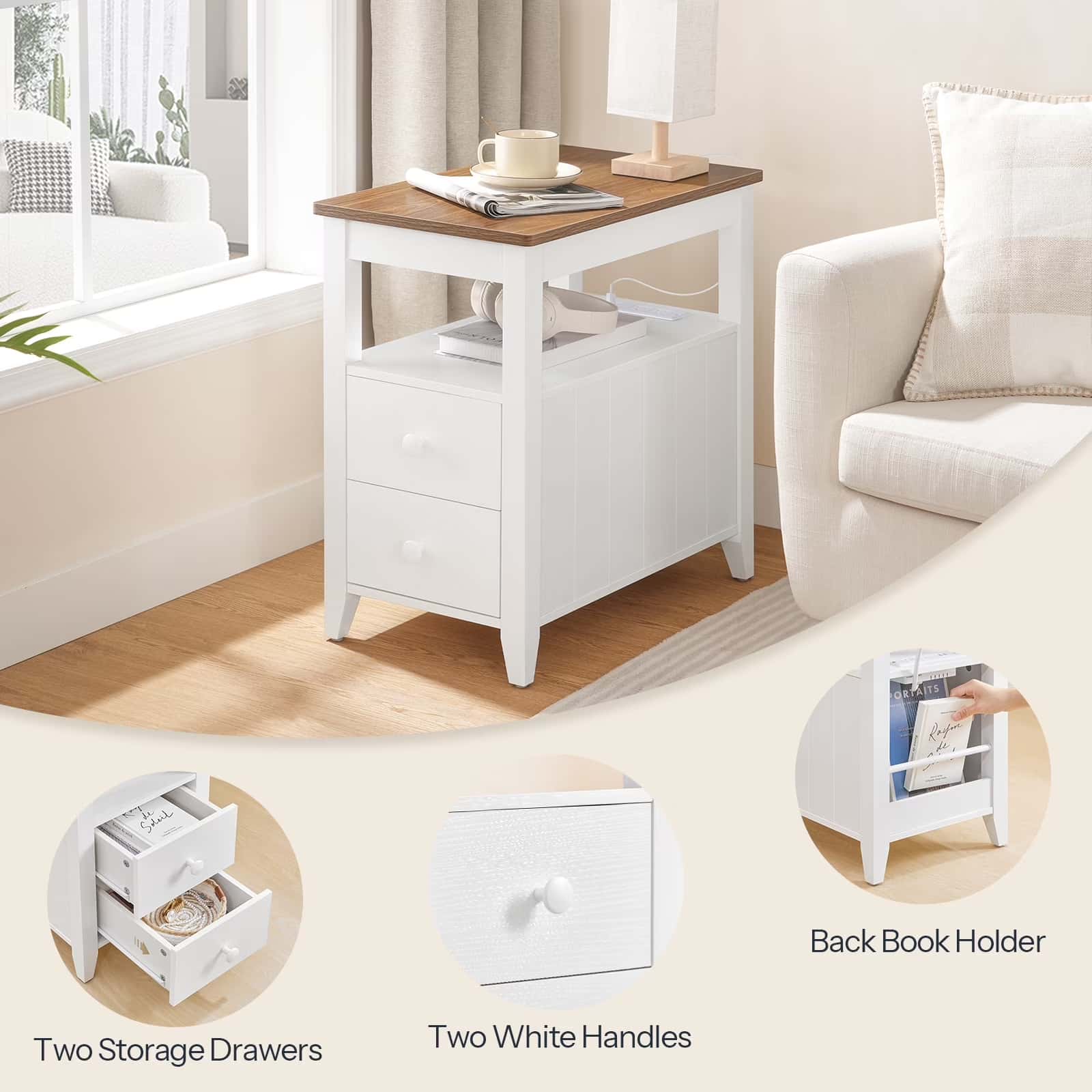 White side table with wooden top in a living room setting, featuring storage drawers and a back book holder.