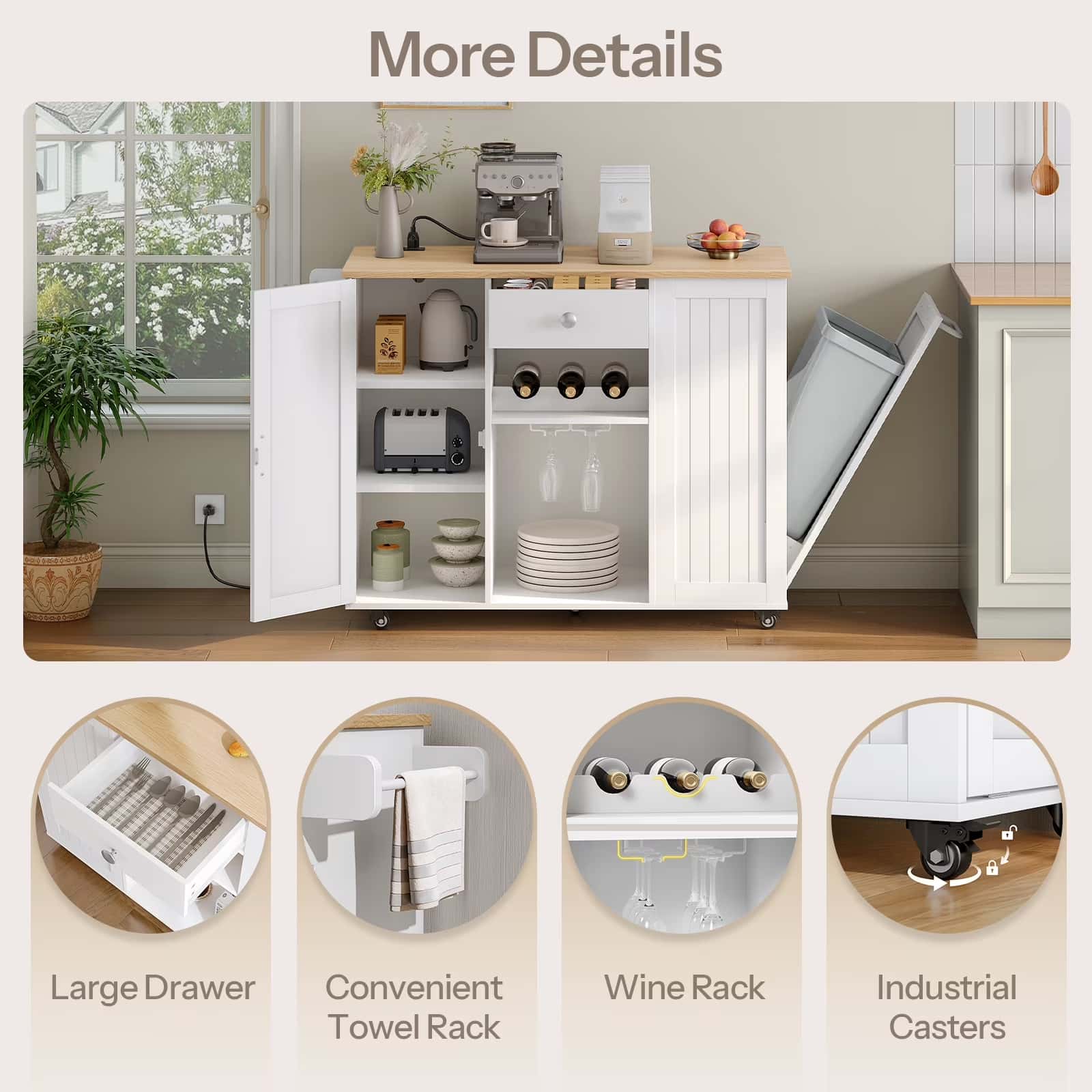 White kitchen island with open doors showing storage compartments in a kitchen setting.