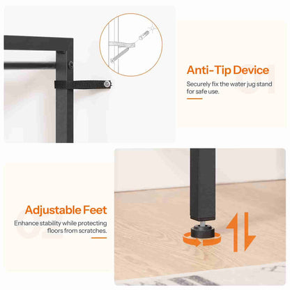 Water jug stand with anti-tip device and adjustable feet on a white background