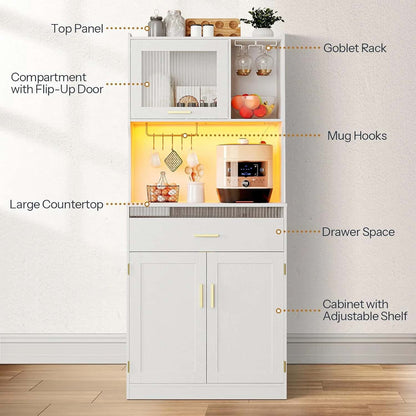 White kitchen cabinet with labeled features on a neutral background