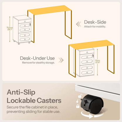 Illustration of a file cabinet with desk attachments and anti-slip lockable casters.
