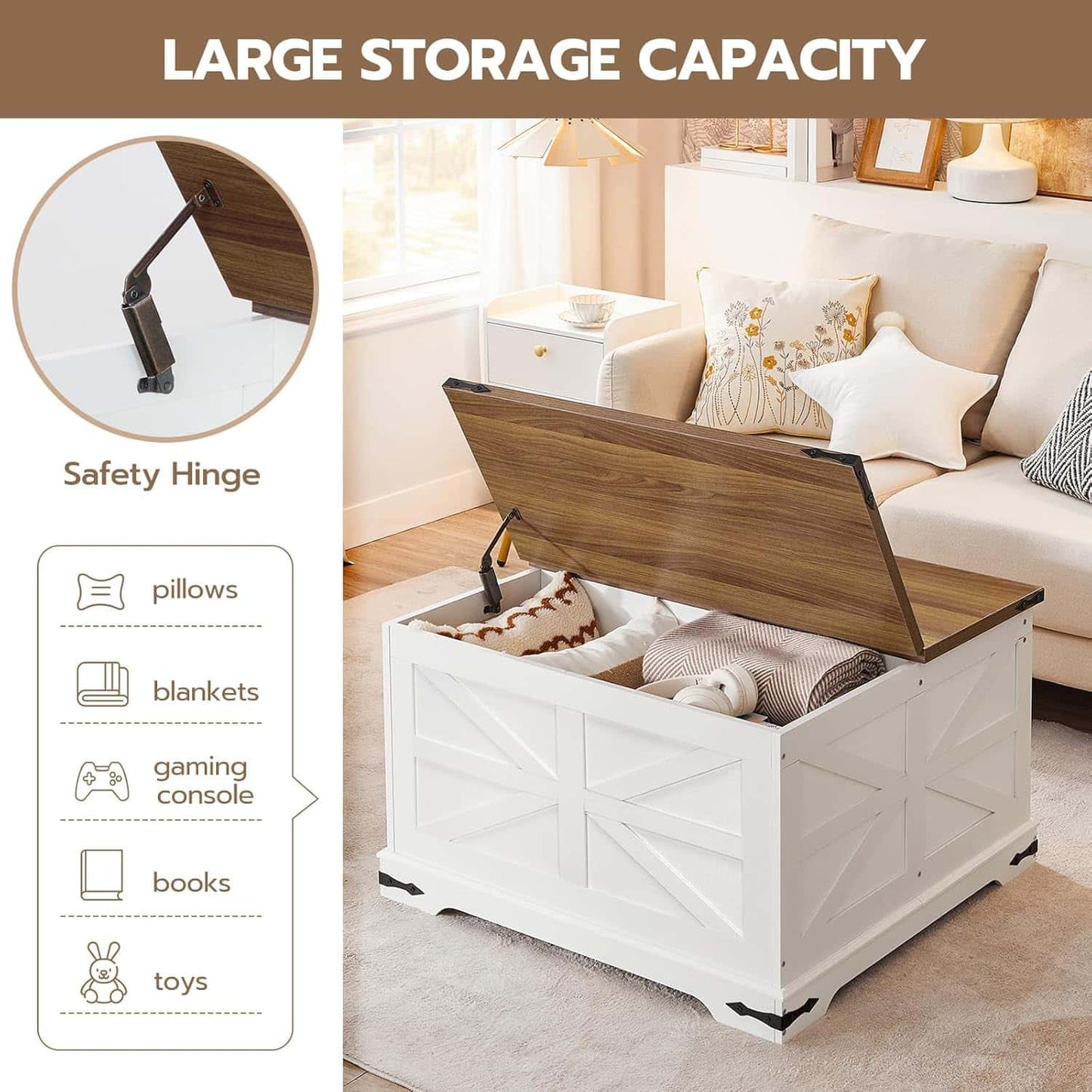 White storage bench with wooden lid in a living room setting, highlighting large storage capacity and safety hinge feature.