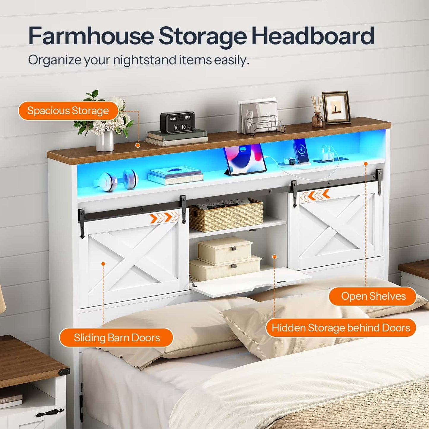 Farmhouse storage headboard with sliding barn doors, open shelves, and hidden storage.