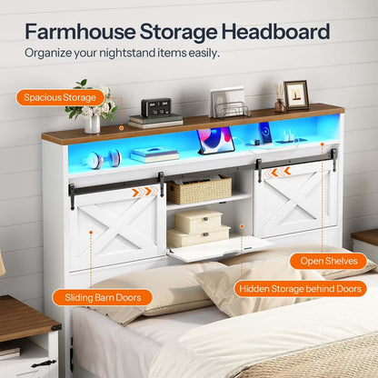 Farmhouse storage headboard with sliding barn doors, open shelves, and hidden storage.
