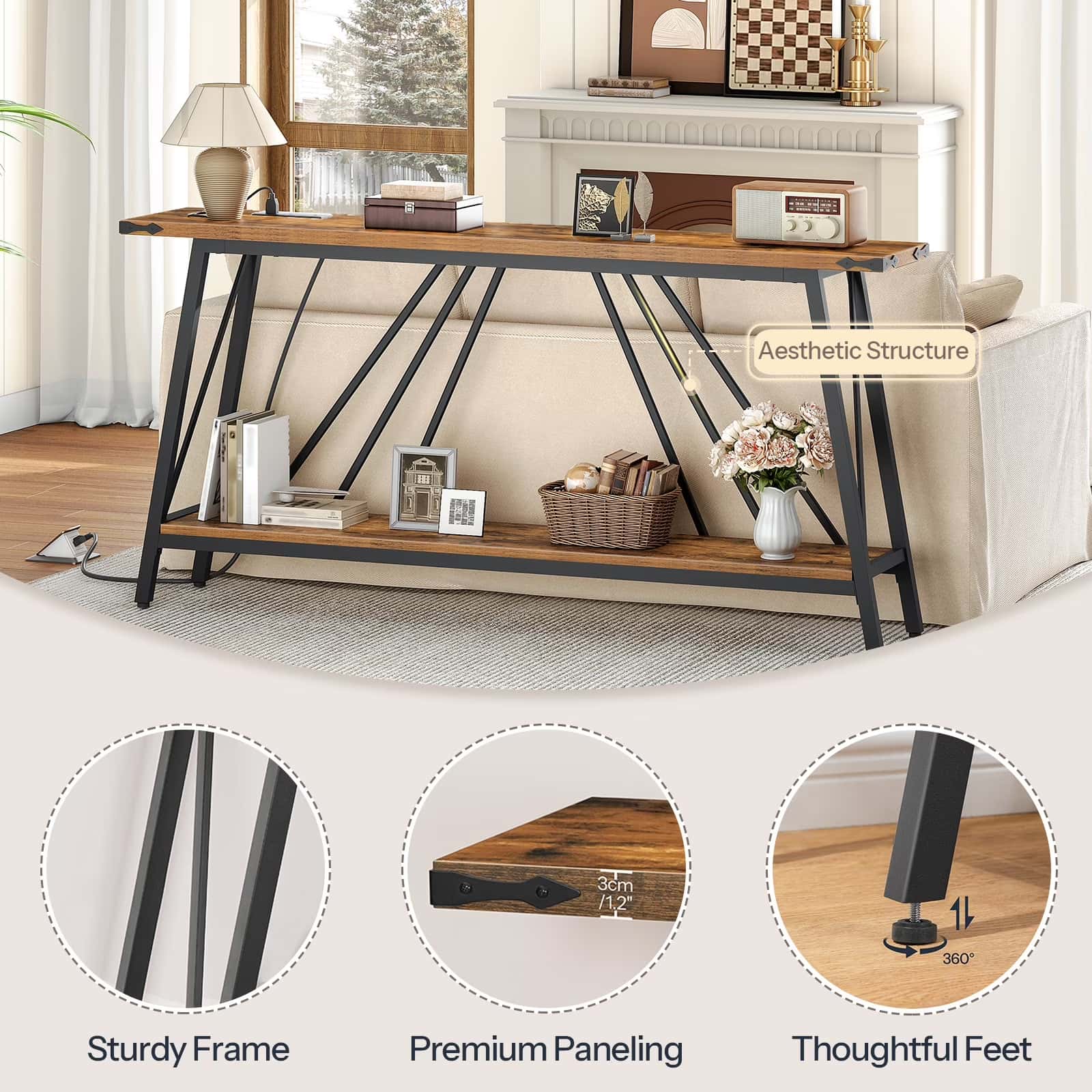 Wooden console table with metal frame in a living room setting, showcasing structural details.