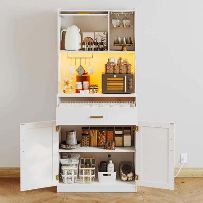 White kitchen cabinet with open doors displaying various kitchen items on a light wooden floor.