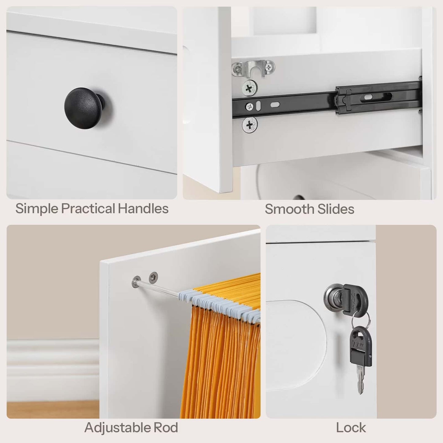 Collage of cabinet features including handles, slides, rod, and lock on a white background.