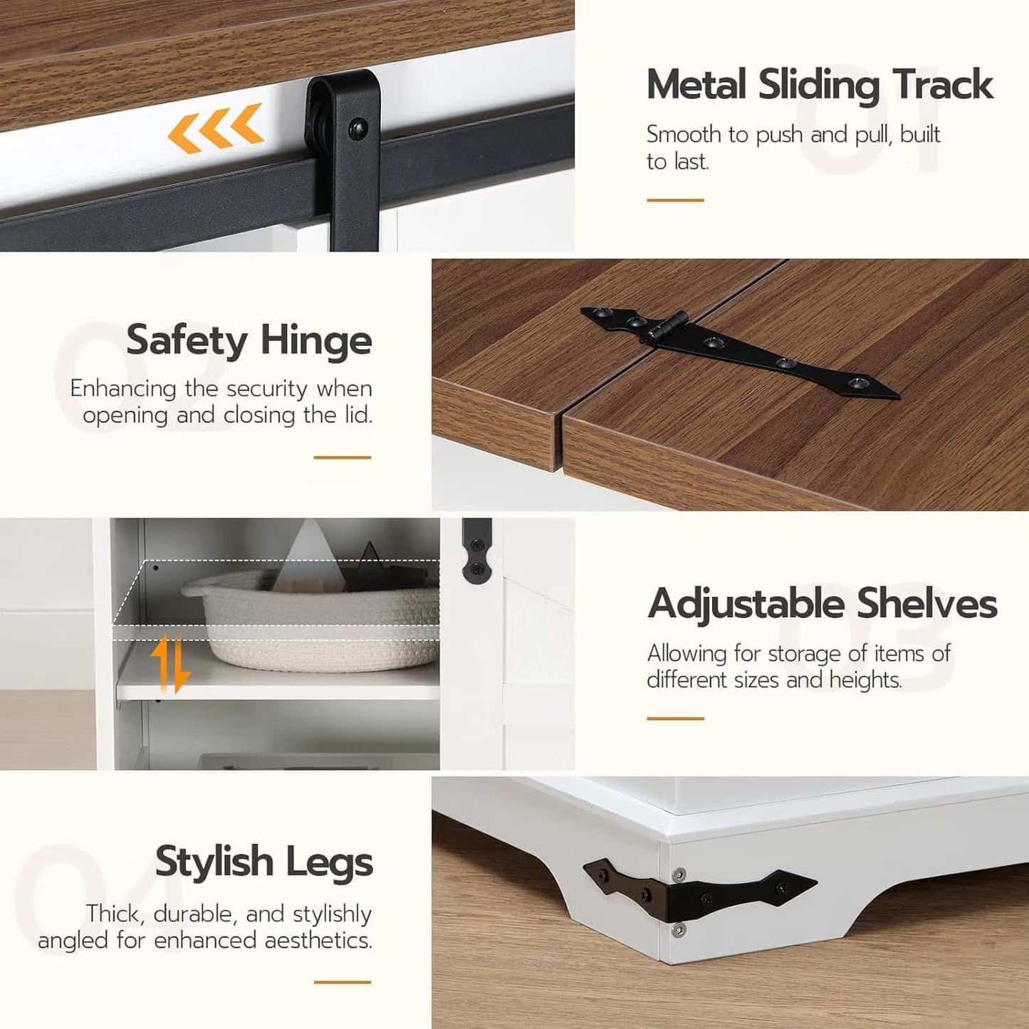 Collage of furniture features including metal sliding track, safety hinge, adjustable shelves, and stylish legs.