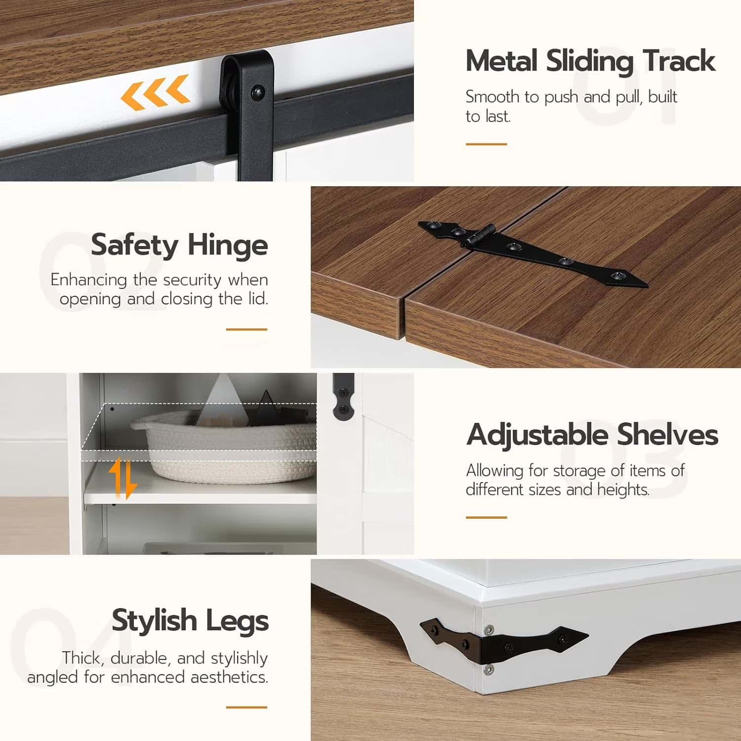 Collage of furniture features including metal sliding track, safety hinge, adjustable shelves, and stylish legs.