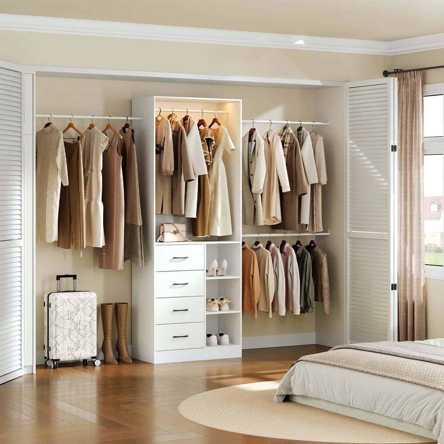 Well-organized closet with clothes hanging on racks and drawers in a bedroom.