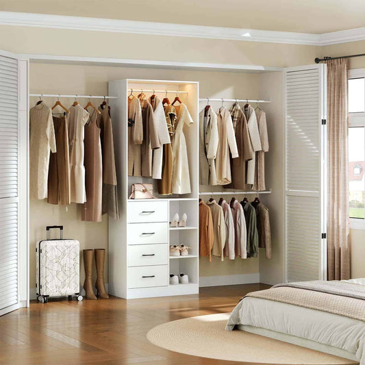 Well-organized closet with clothes hanging on racks and drawers in a bedroom.