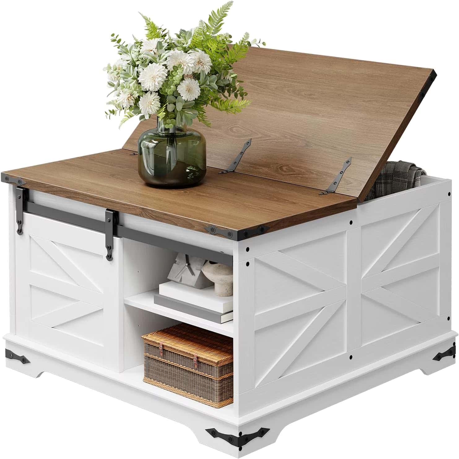 Wooden storage bench with a lift-top design, white frame, and wooden top.
