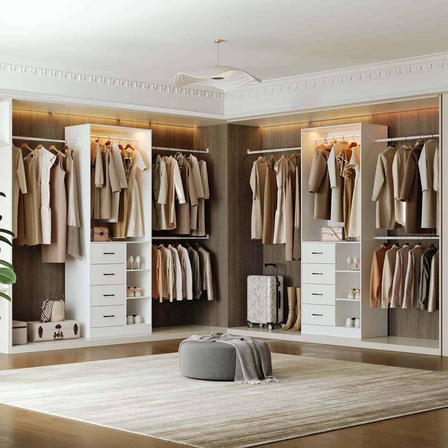 Modern walk-in closet with organized clothing and shelves.