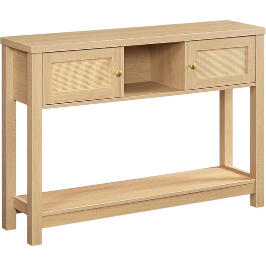 HOOBRO Rattan-Like Console Table, 47.2" Entryway Table with Storage, Narrow Sofa Table Behind Couch, Hallway Table with Open Shelf and 2 Cabinets, Woven Decoration, for Foyer