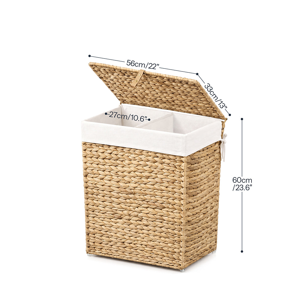 HOOBRO 2-Section Hamper with Lid and Removable Liner Bags, Handwoven Wicker Laundry Basket with Handles for Bathroom, Bedroom, or Laundry Room