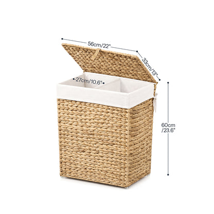 HOOBRO 2-Section Hamper with Lid and Removable Liner Bags, Handwoven Wicker Laundry Basket with Handles for Bathroom, Bedroom, or Laundry Room
