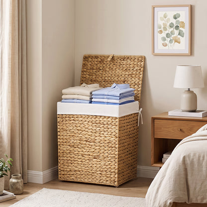 HOOBRO 2-Section Hamper with Lid and Removable Liner Bags, Handwoven Wicker Laundry Basket with Handles for Bathroom, Bedroom, or Laundry Room