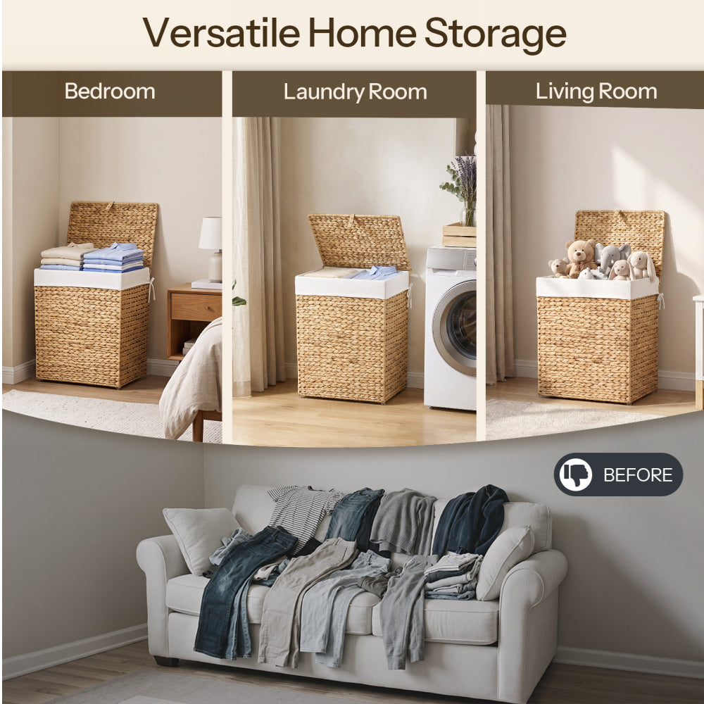 HOOBRO 2-Section Hamper with Lid and Removable Liner Bags, Handwoven Wicker Laundry Basket with Handles for Bathroom, Bedroom, or Laundry Room