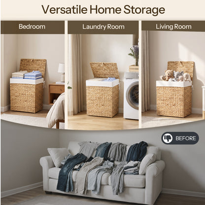 HOOBRO 2-Section Hamper with Lid and Removable Liner Bags, Handwoven Wicker Laundry Basket with Handles for Bathroom, Bedroom, or Laundry Room