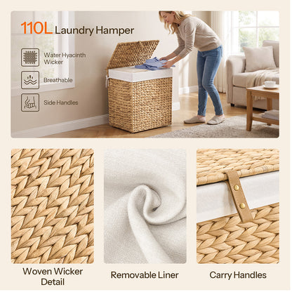HOOBRO 2-Section Hamper with Lid and Removable Liner Bags, Handwoven Wicker Laundry Basket with Handles for Bathroom, Bedroom, or Laundry Room