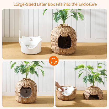 Wicker pet house with plant on a wooden surface, featuring text about a large-sized litter box.