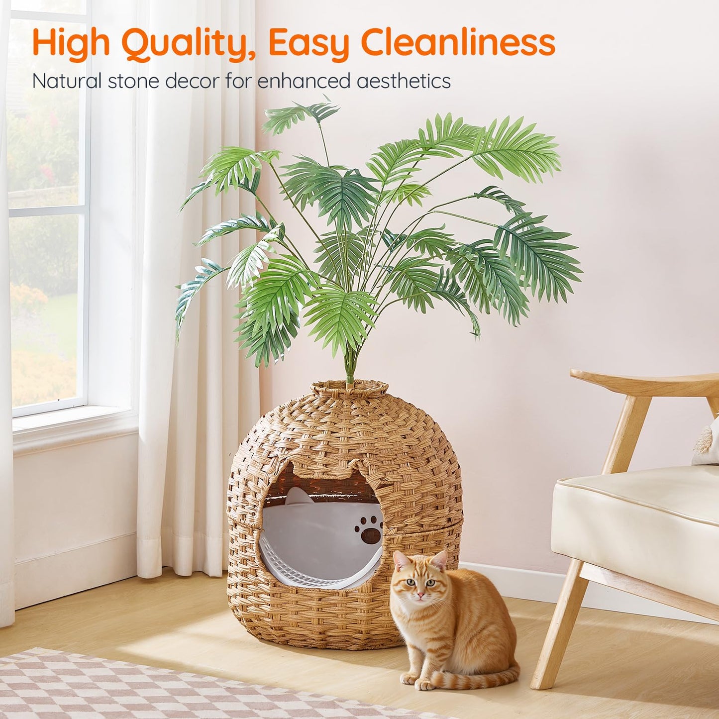 Wicker pet bed with cat and plant in a room with a window and chair.
