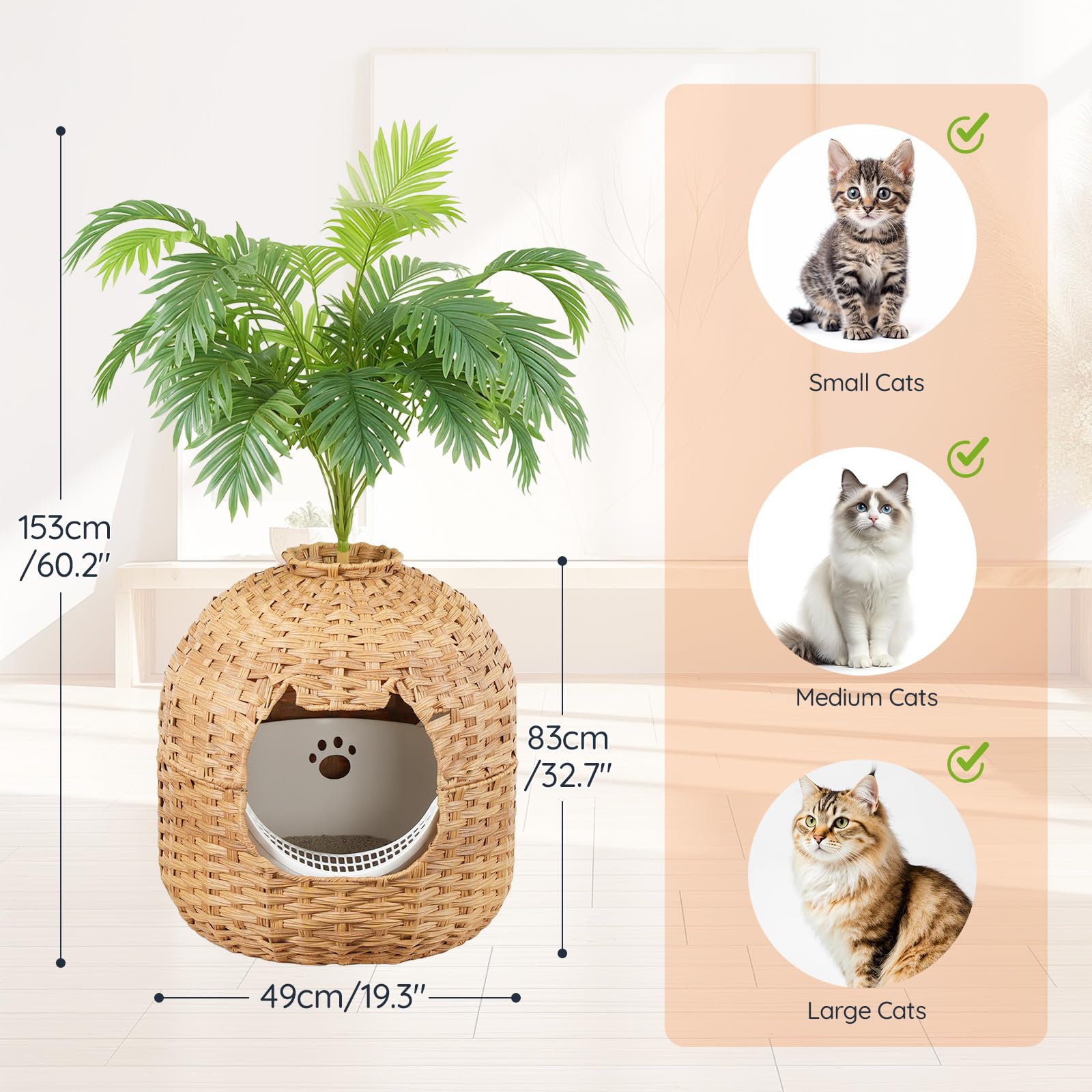 Wicker cat house with plant, size chart for cats, and dimensions displayed.