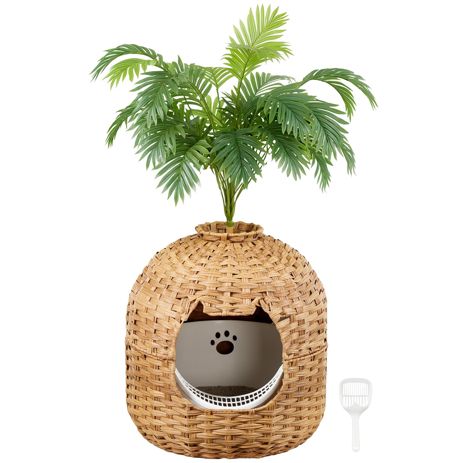 Wicker pet bed with a plant on top against a white background