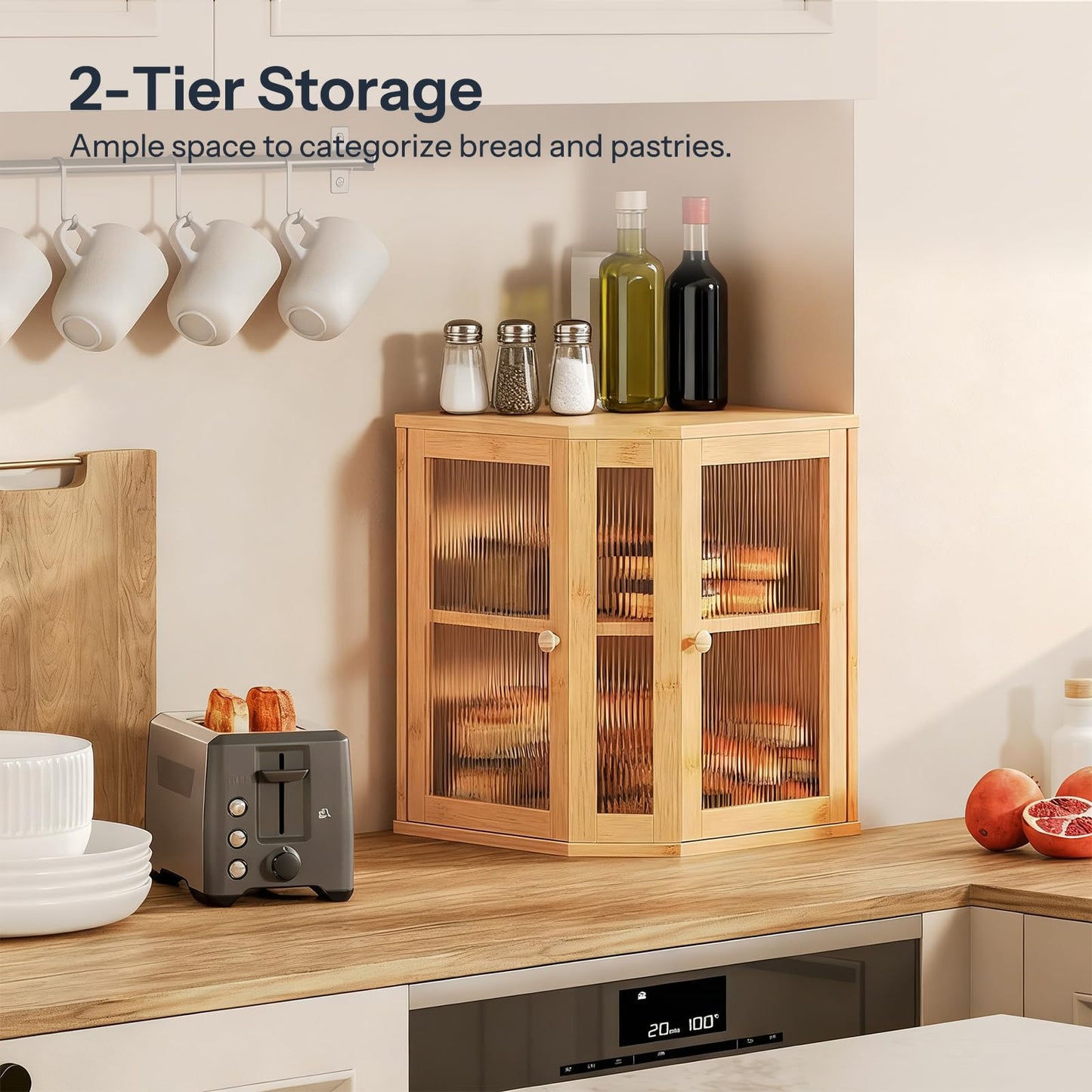 HOOBRO Bamboo Kitchen Countertop Corner Bread Box