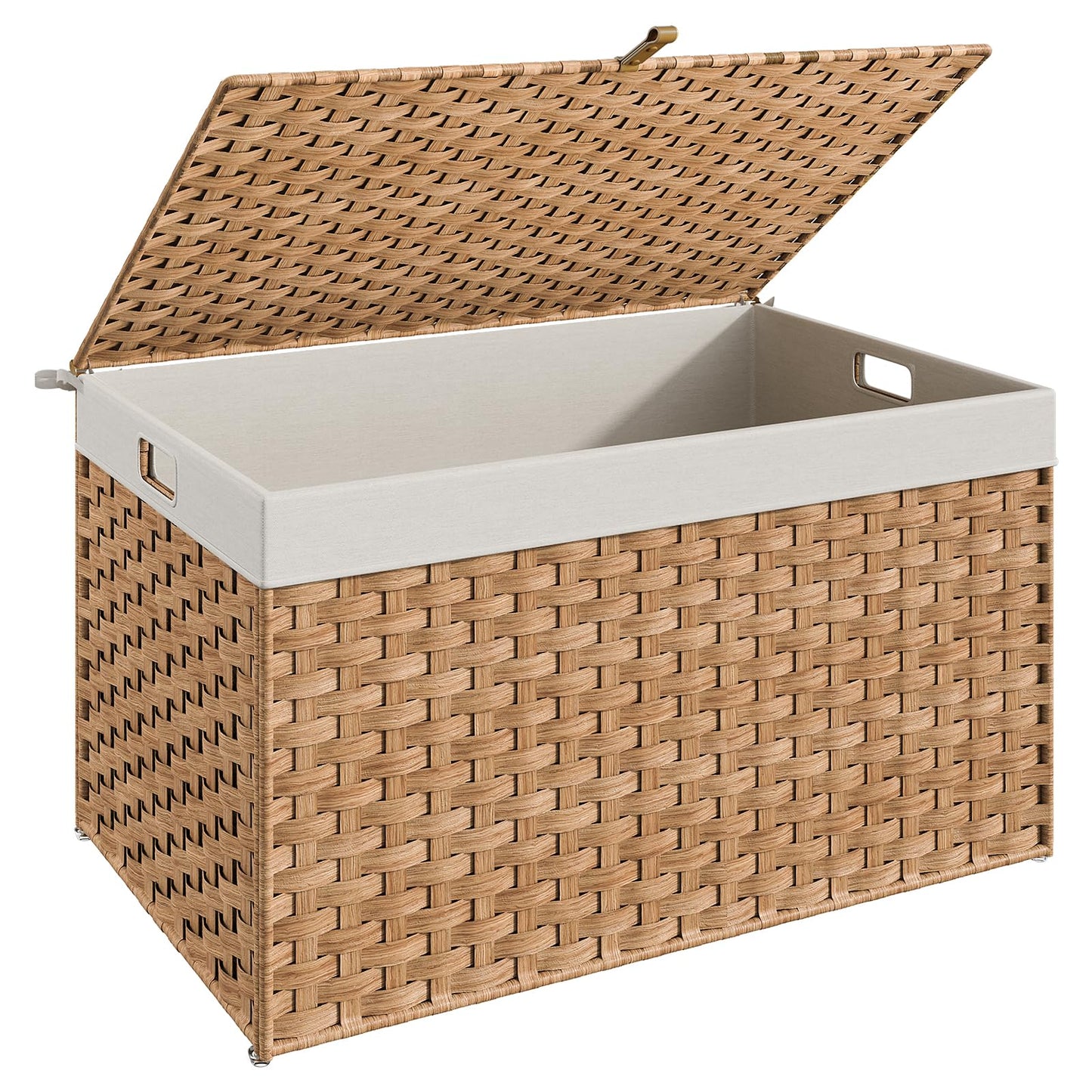 Woven storage basket with a white interior on a white background