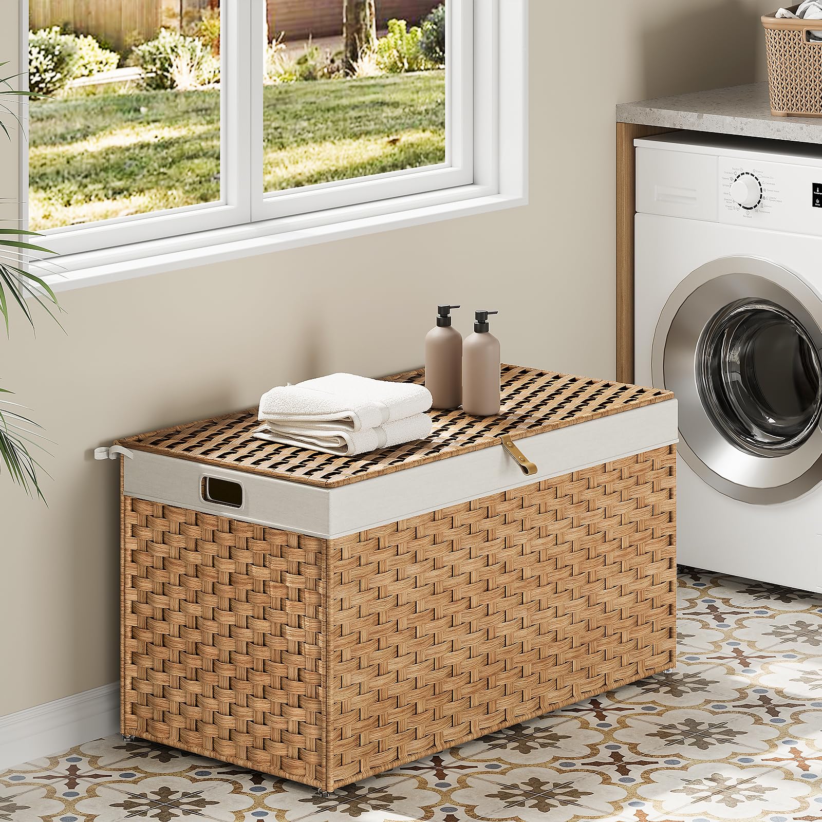 Wicker laundry basket with towels and bottles in a laundry room with a washing machine.