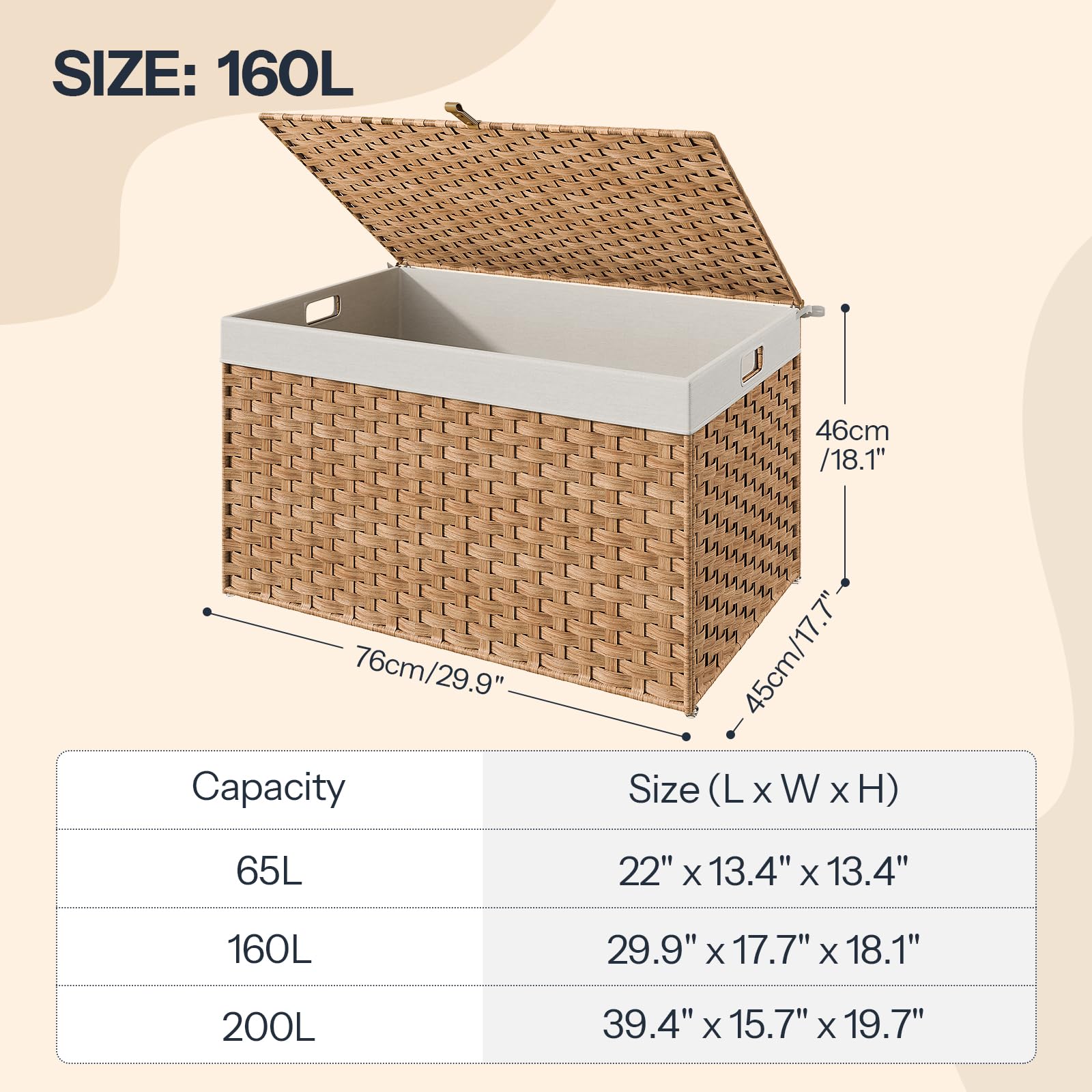 Wicker storage basket with dimensions and capacity details on a beige background
