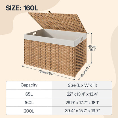 Wicker storage basket with dimensions and capacity details on a beige background