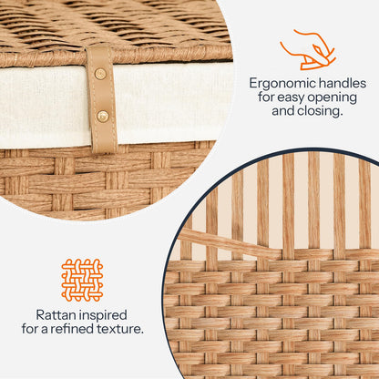 Close-up of a woven basket with ergonomic handles and rattan-inspired texture.